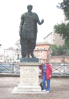 Kass Evans with statue of Julius Caesar
